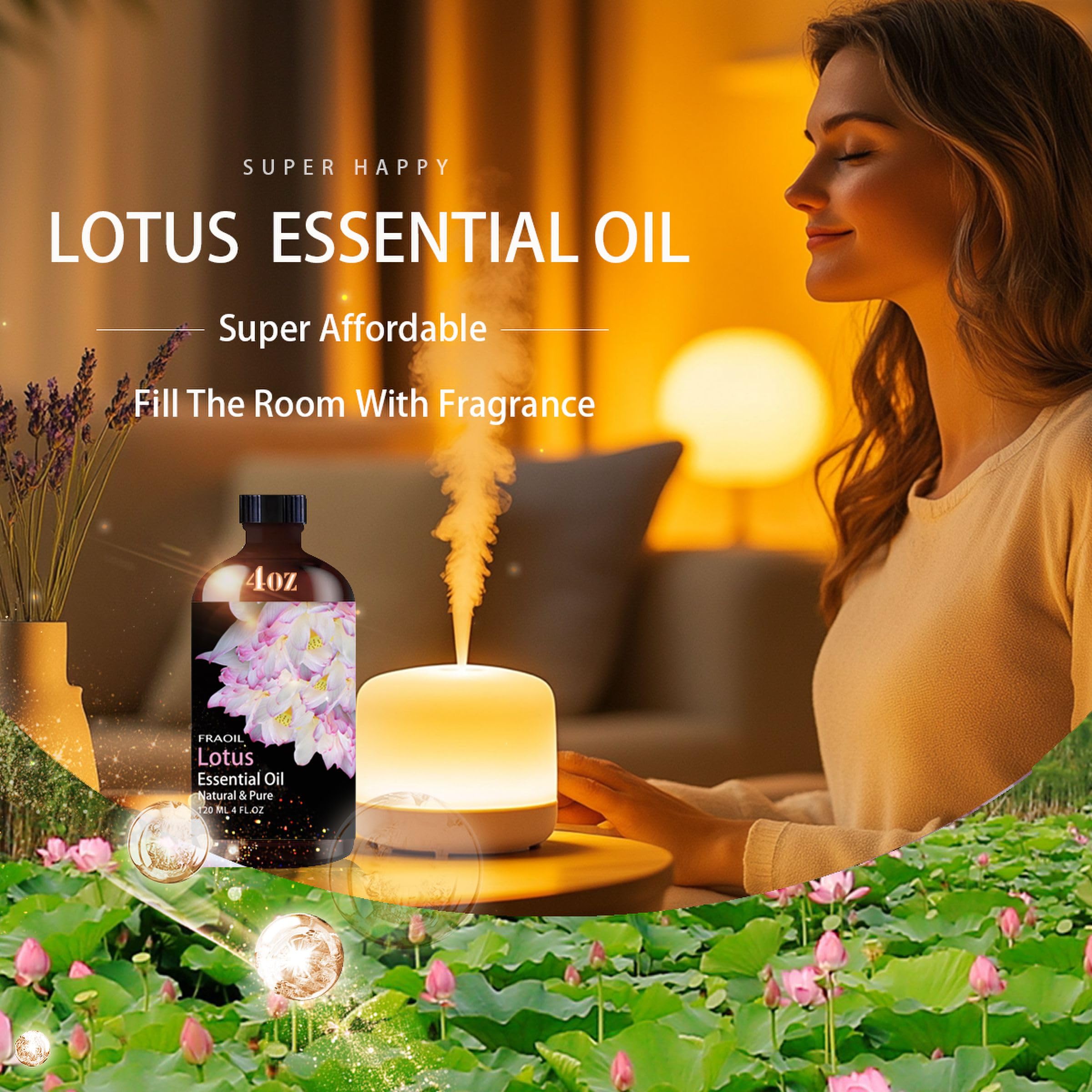 FRAOIL Lotus essential oil in a diffuser creating a calming aroma.