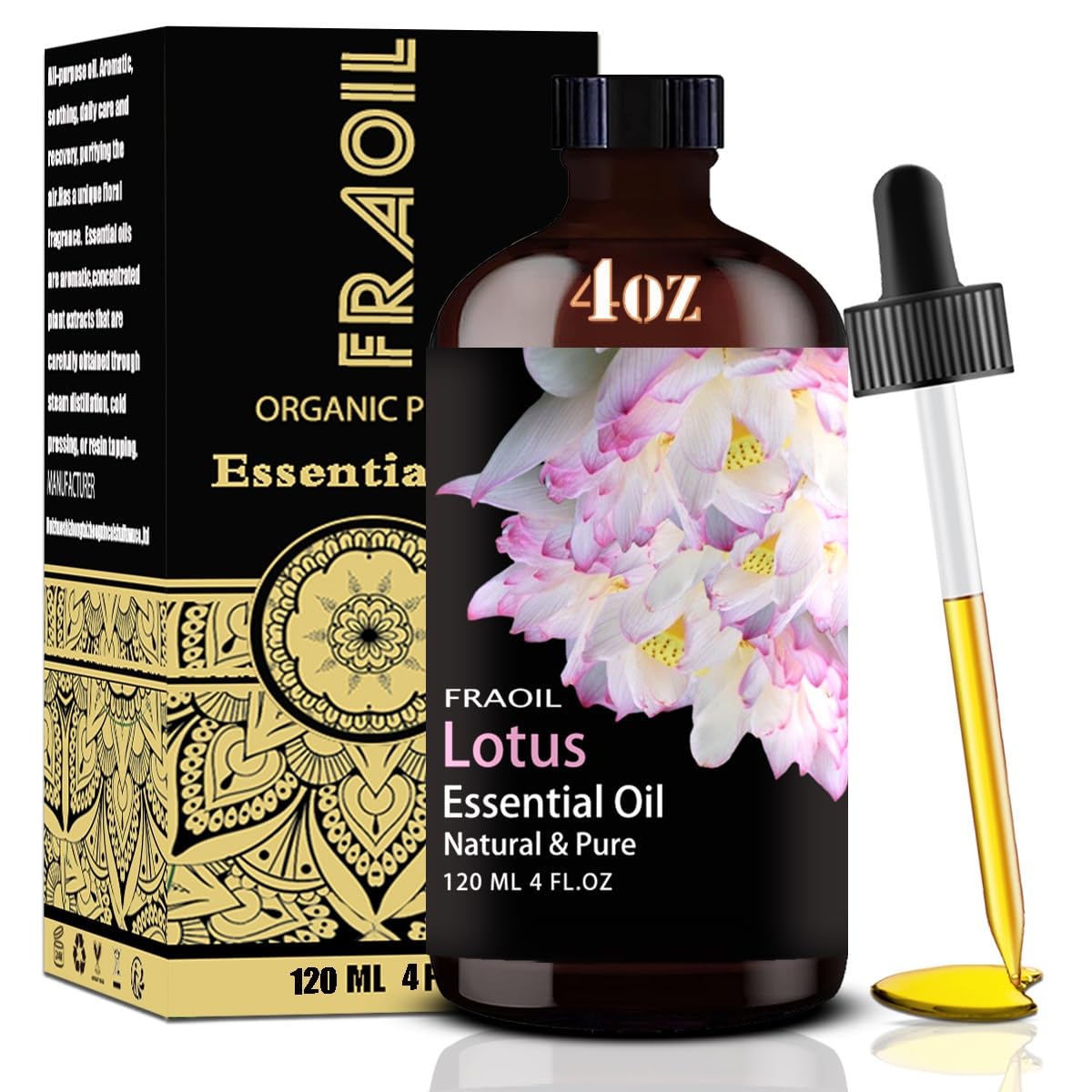 FRAOIL Lotus essential oil bottle with dropper for precise dosing in diffusers.