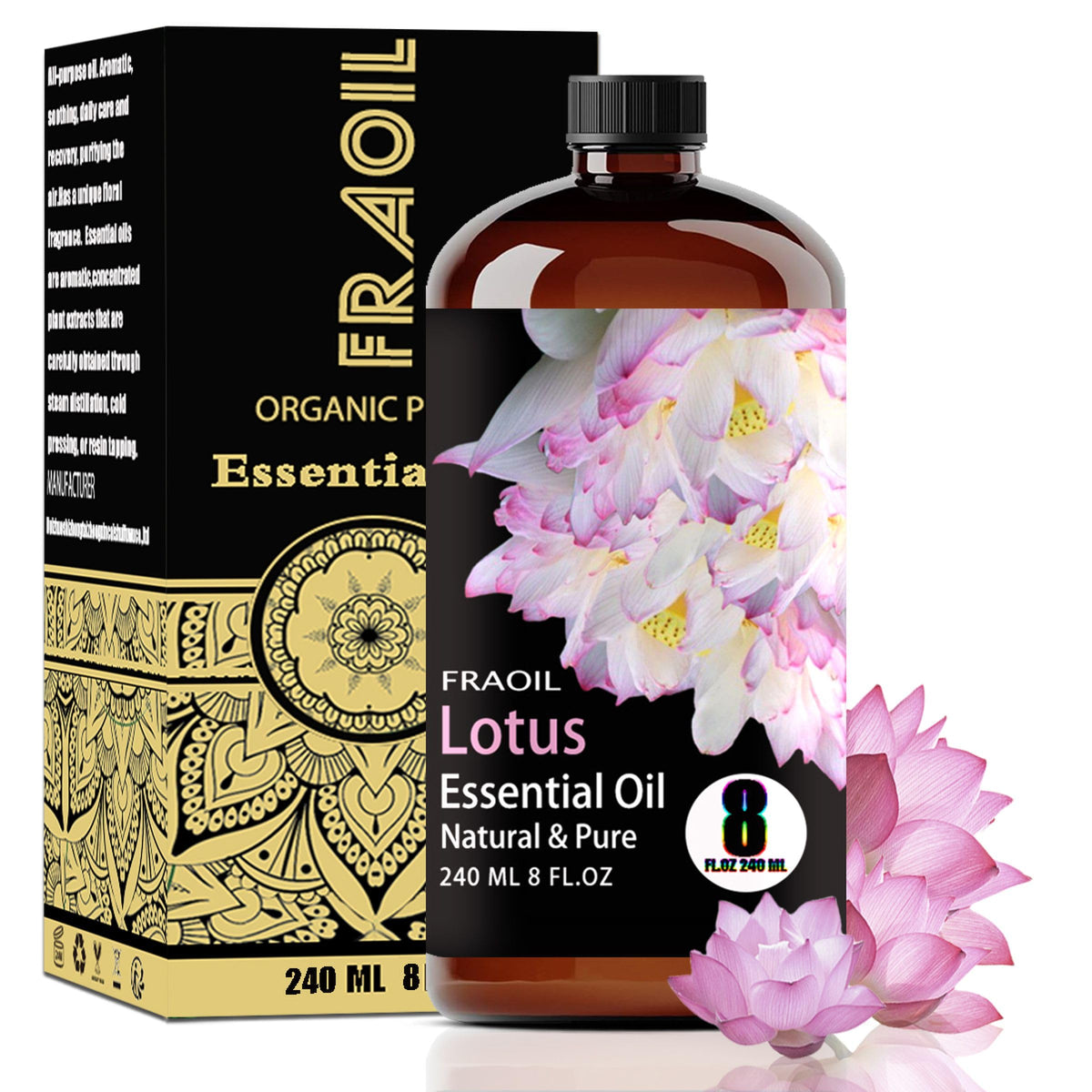 FRAOIL Lotus Essential Oil bottle for premium aromatherapy and relaxation.