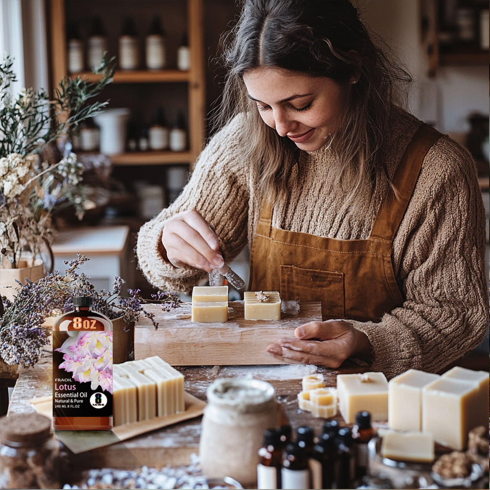 FRAOIL Lotus Essential Oil adds fragrance to handmade soaps.