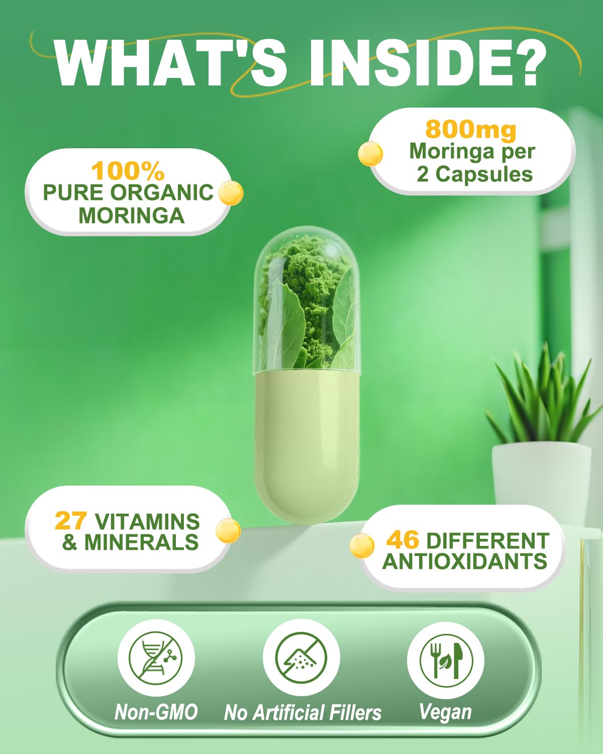 Fravonique Moringa Capsules label close-up showing 800mg per serving.