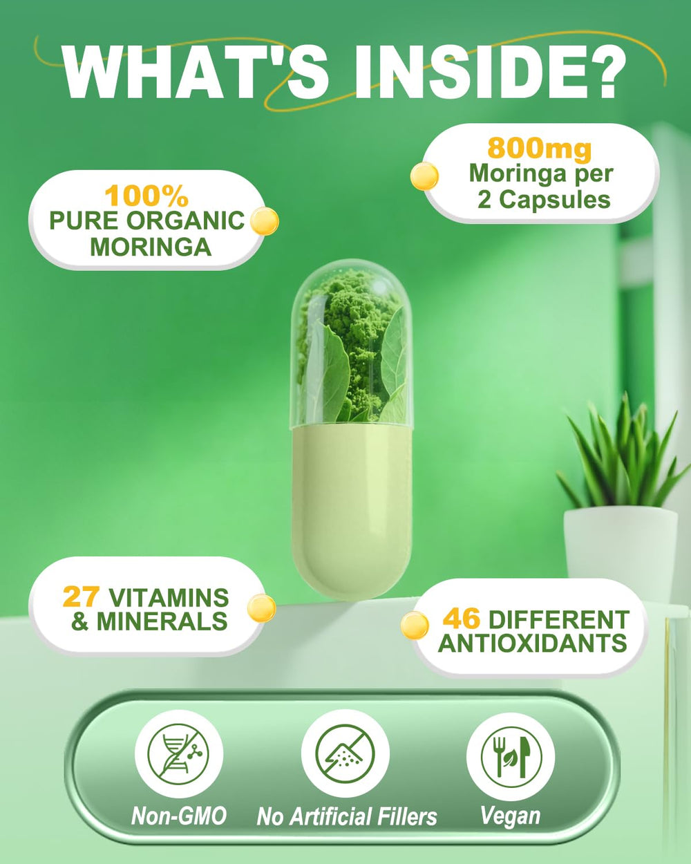 Fravonique Moringa Capsules label close-up showing 800mg per serving.
