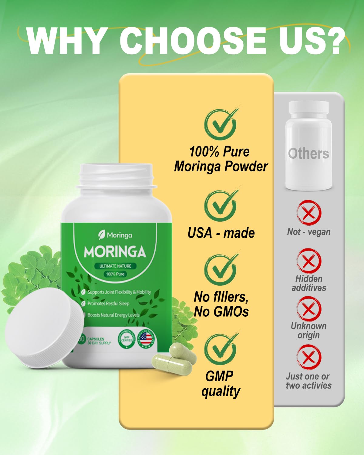Vegan Fravonique Moringa Capsules beside clean label and non-GMO power.