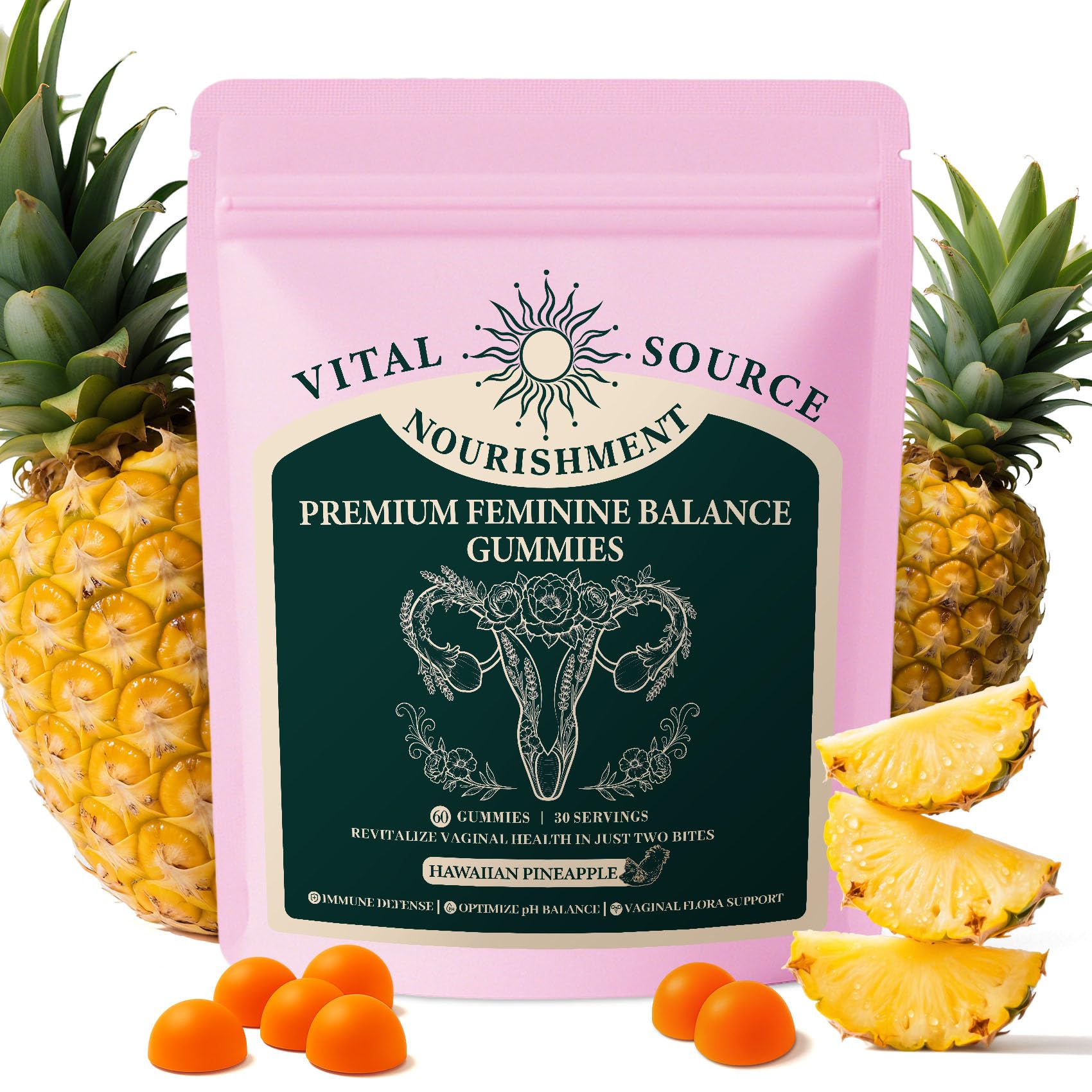 Fravonique Probiotic Gummies for Women bottle promoting feminine balance and pH support.