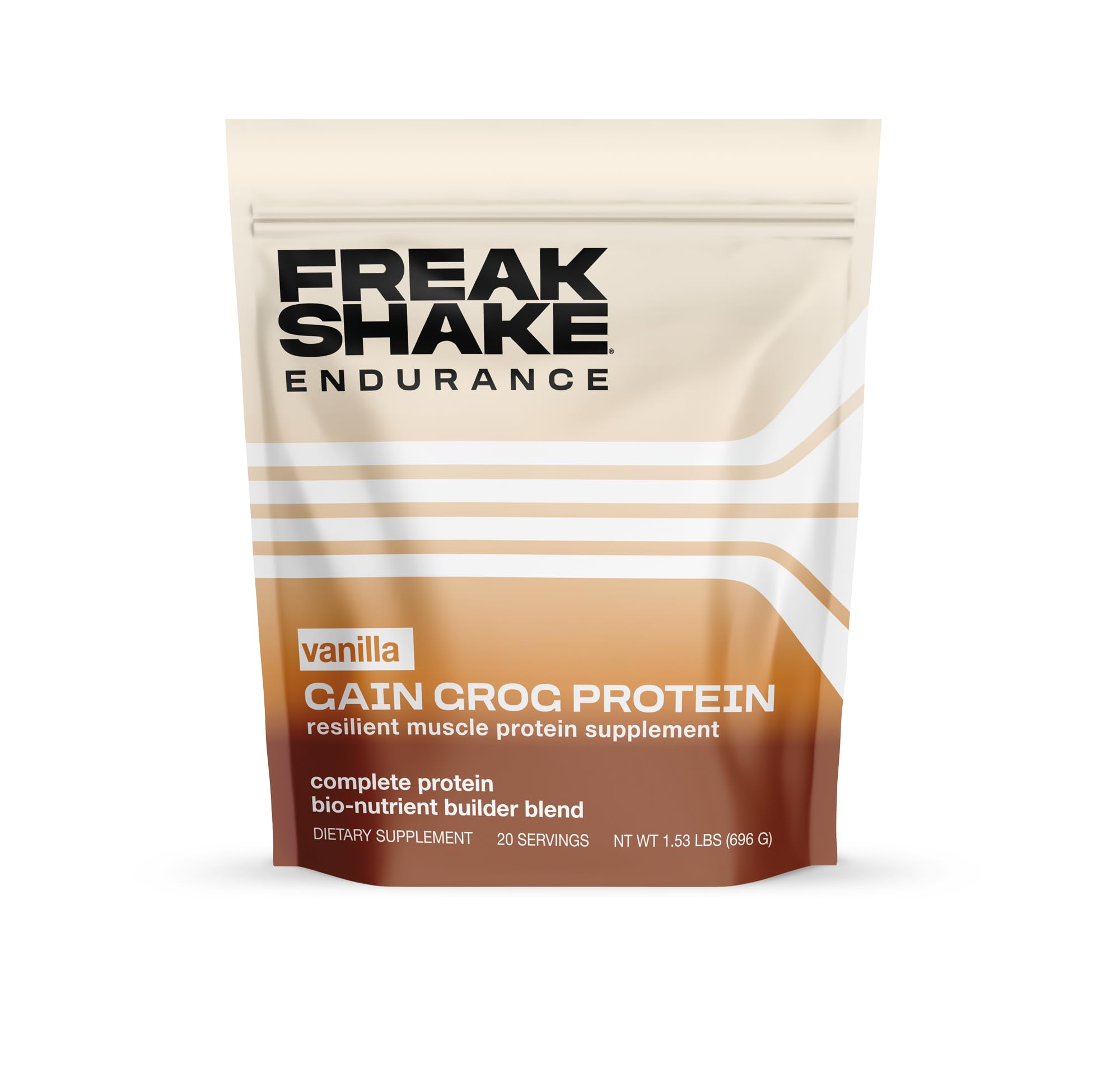 Freak Shake Vanilla Protein bottle showing a 25 g blend for endurance and smooth digestion