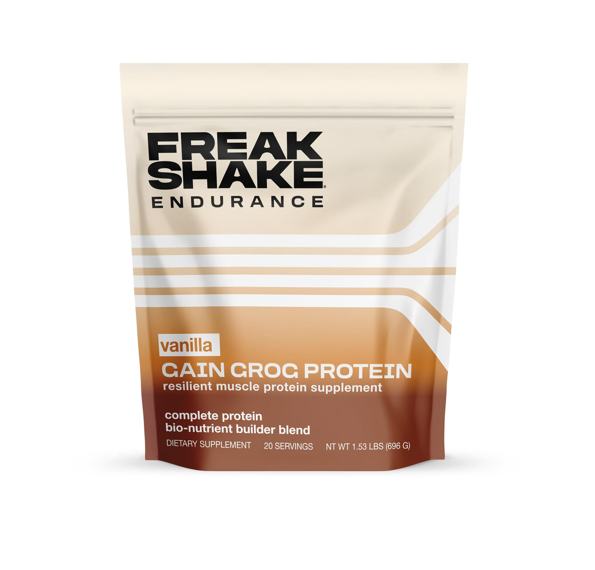 Freak Shake Vanilla Protein bottle showing a 25 g blend for endurance and smooth digestion