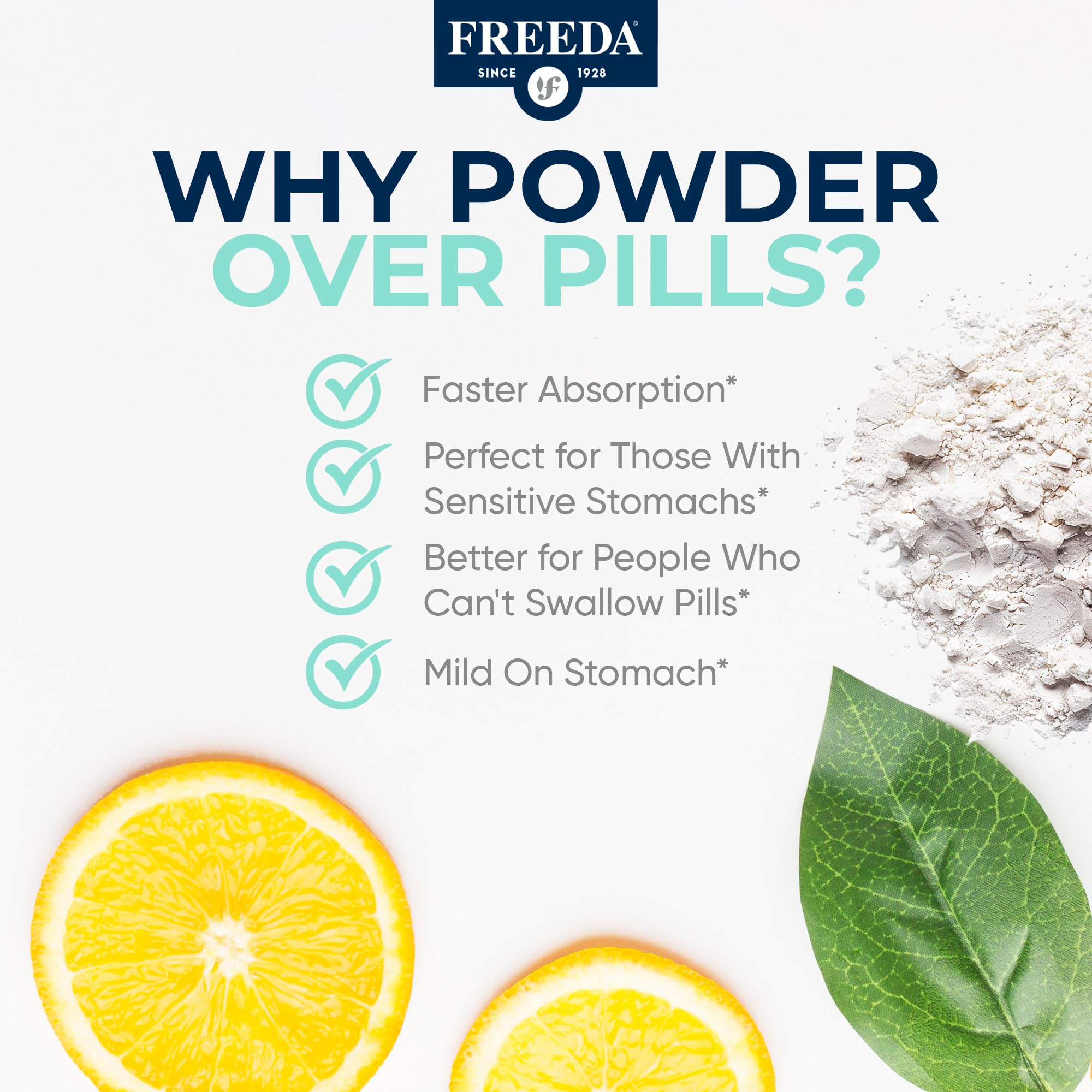 FREEDA Calcium-ascorbate focus highlights non-acidic stomach-friendly formula.