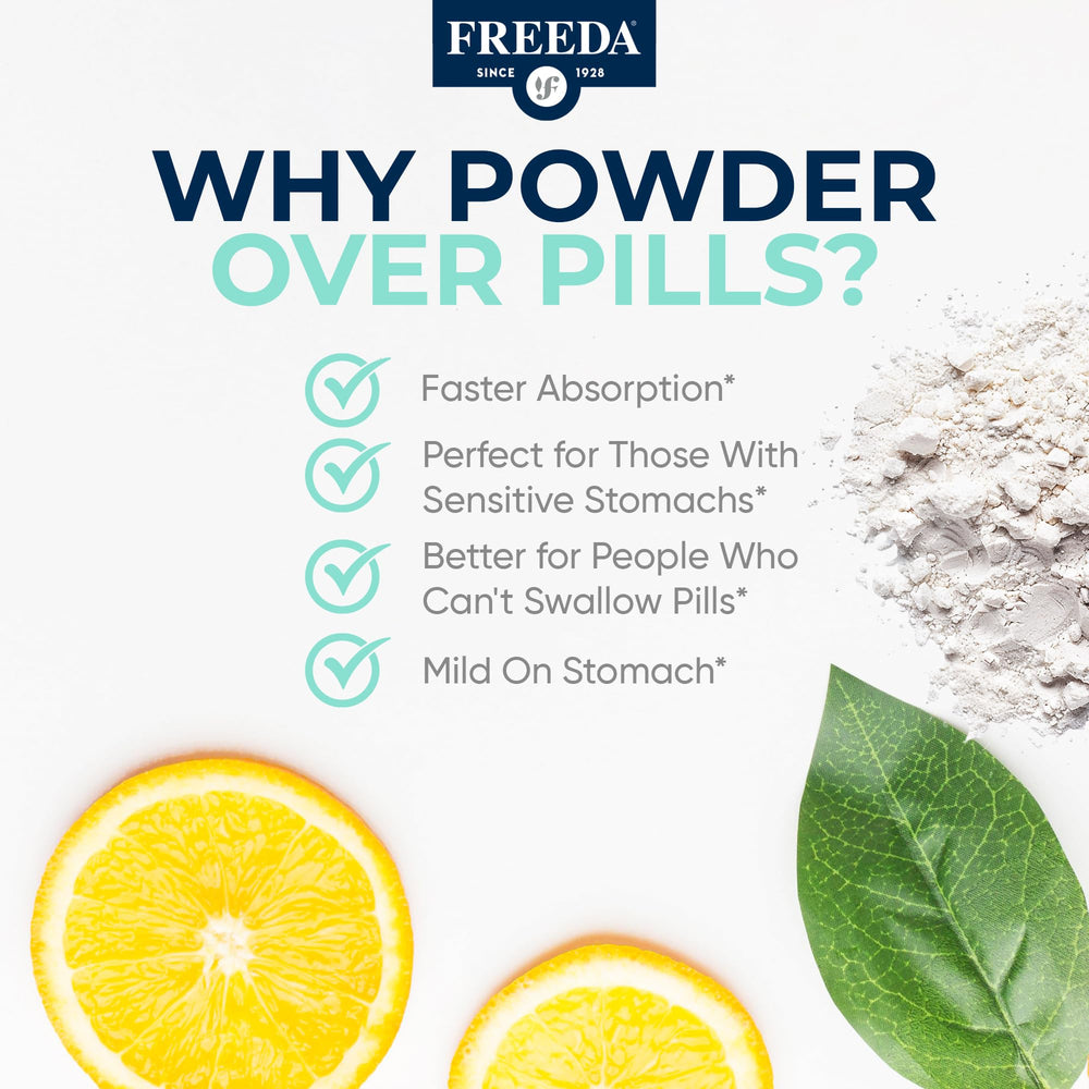 FREEDA Calcium-ascorbate focus highlights non-acidic stomach-friendly formula.
