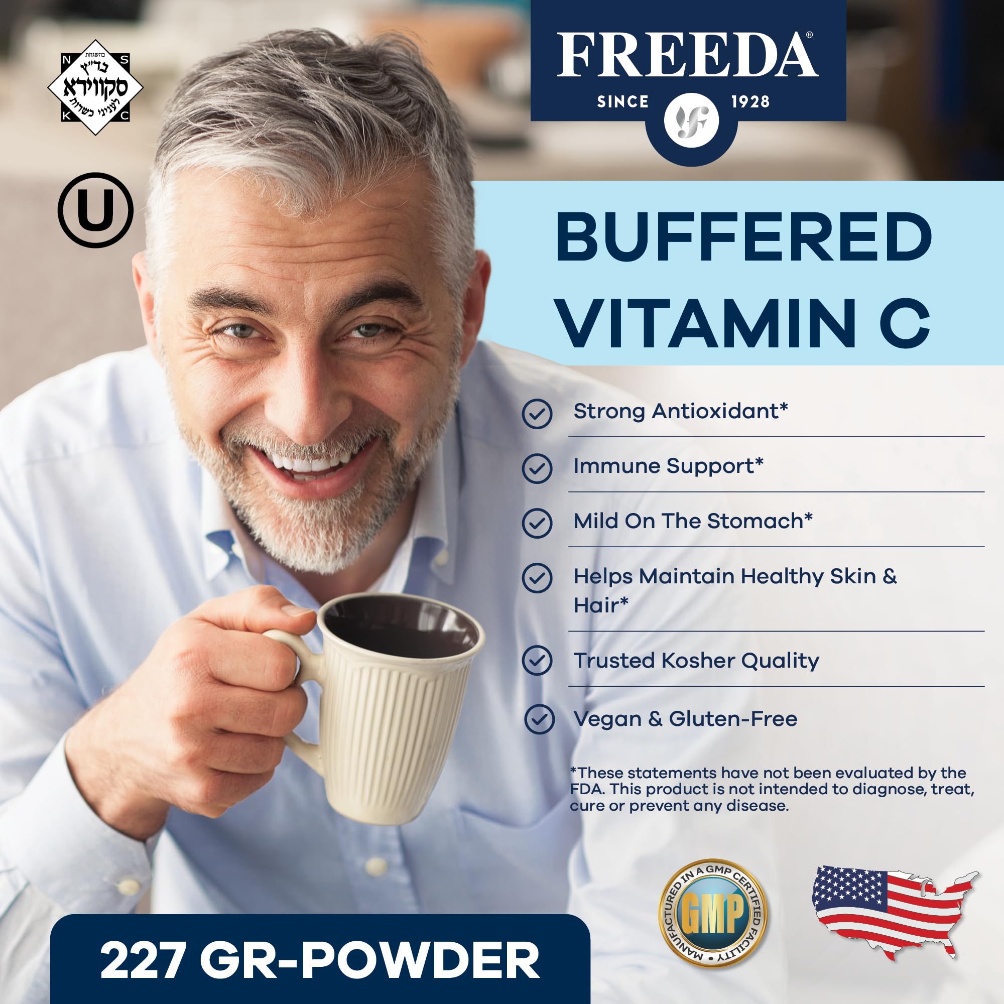 FREEDA Buffered Vitamin C Powder scoop shows convenient dosing.