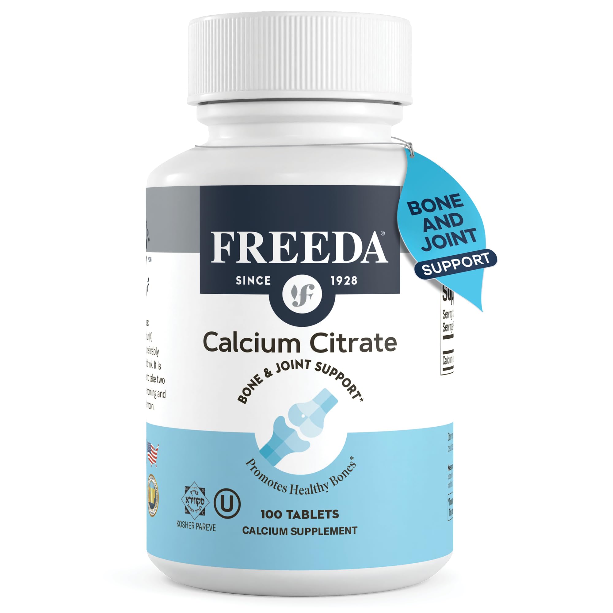 FREEDA Calcium Citrate bottle on a kitchen counter highlighting vegan bone support.