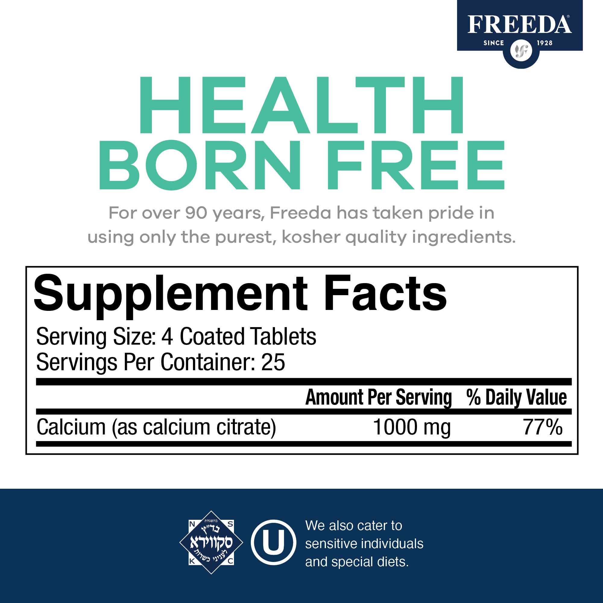 FREEDA Calcium Citrate label emphasizing clean ingredients and no additional Vitamin D.