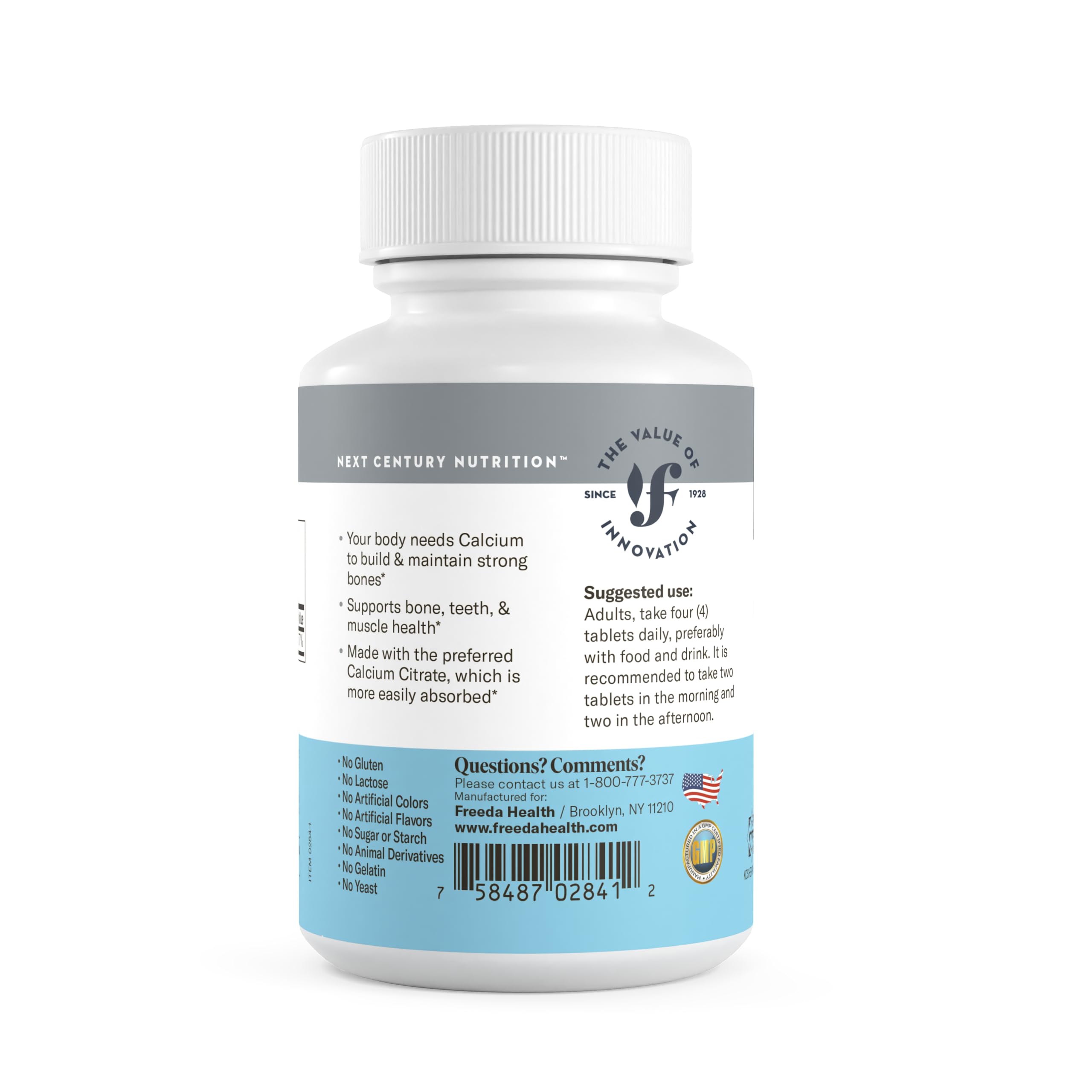 FREEDA Calcium Citrate third-party testing seal indicating purity and potency verification.