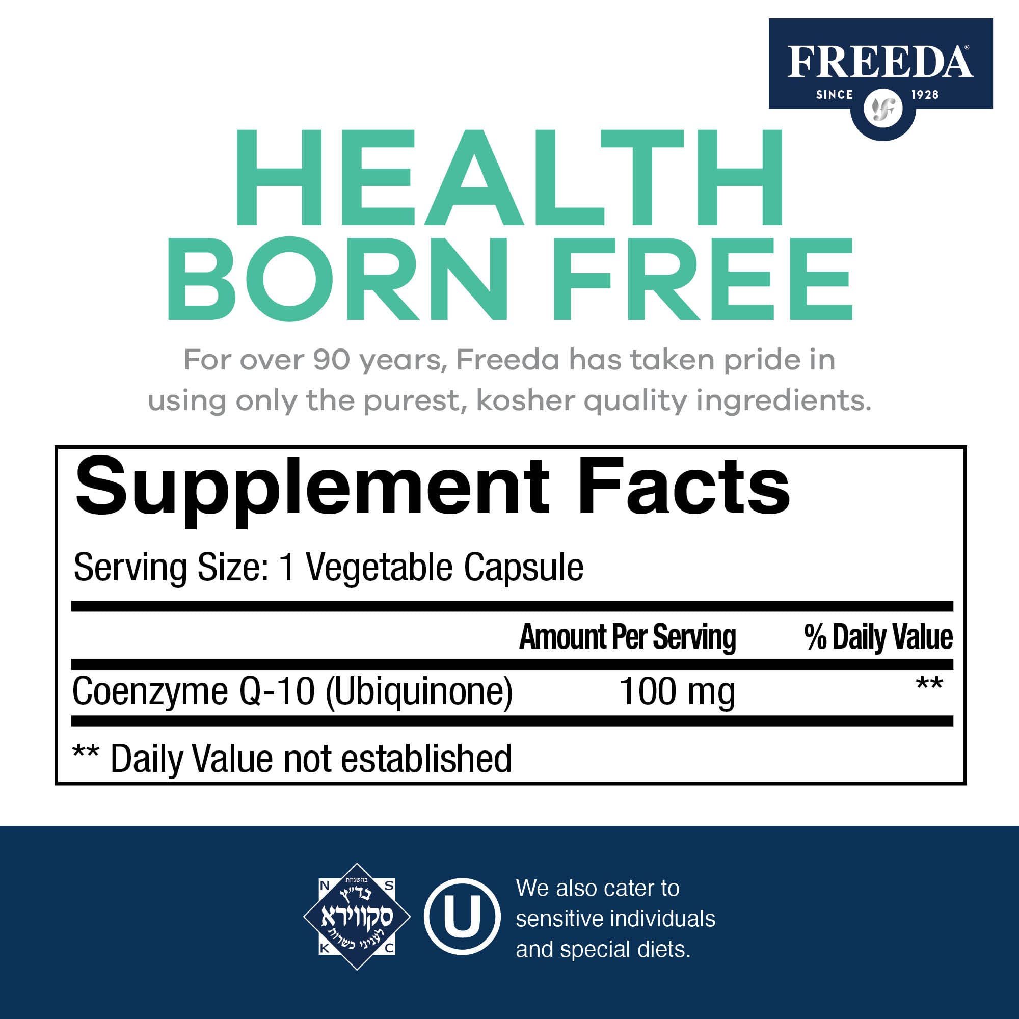 FREEDA CoQ10 label detail highlighting purity and kosher certification