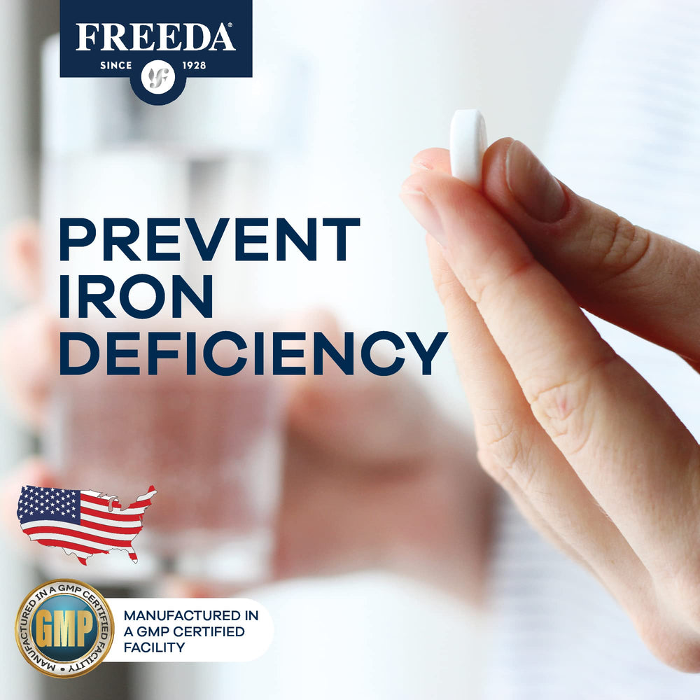 USA-made Freeda Ferrous Fumarate bottle in GMP facility.
