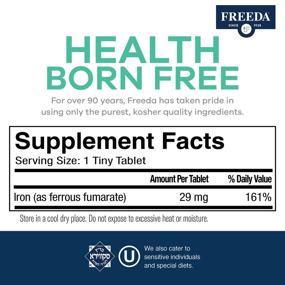 Freeda Ferrous Fumarate label — highly bioavailable iron for daily support.