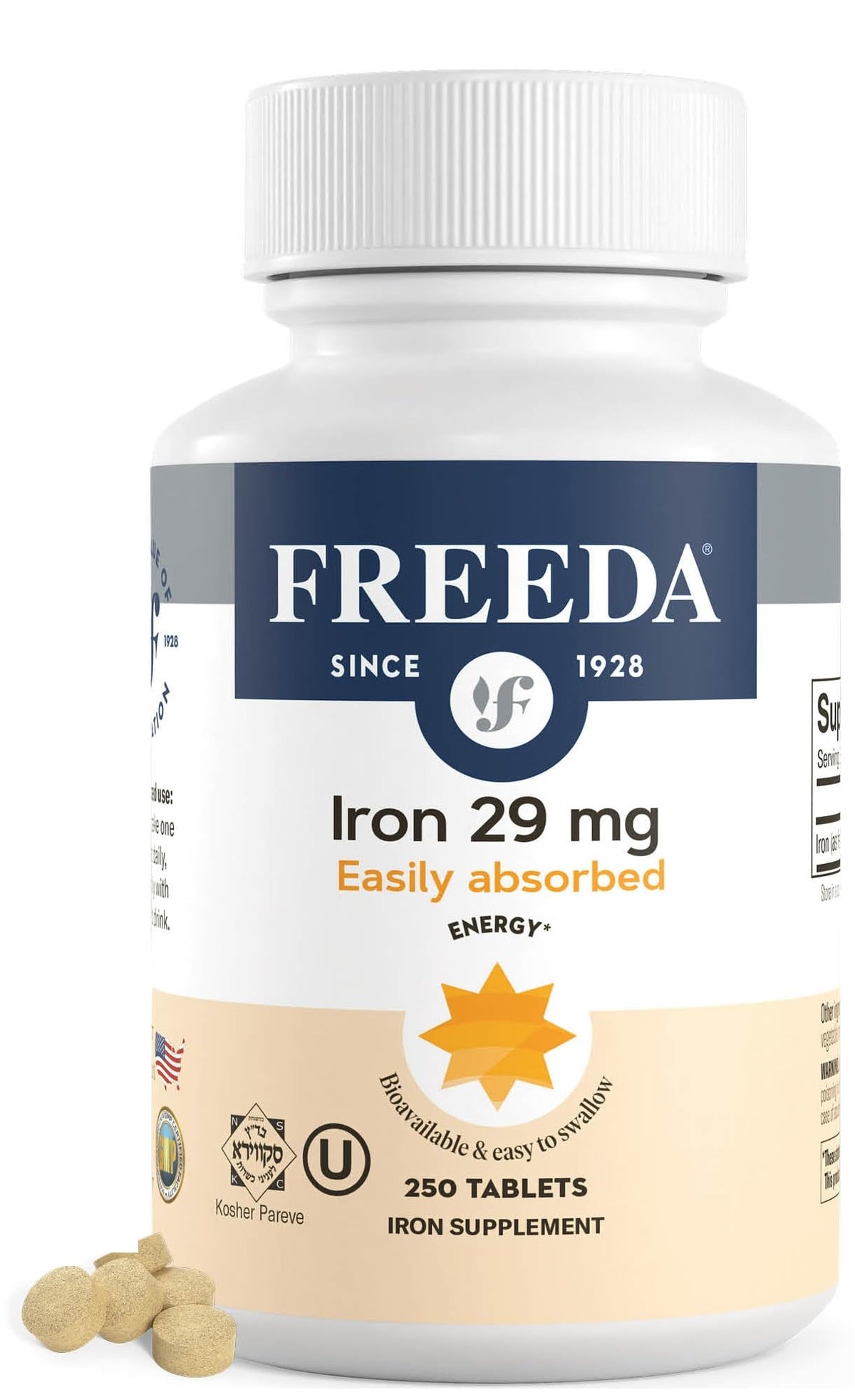 Freeda Ferrous Fumarate tablets packshot — gentle iron for daily energy support.
