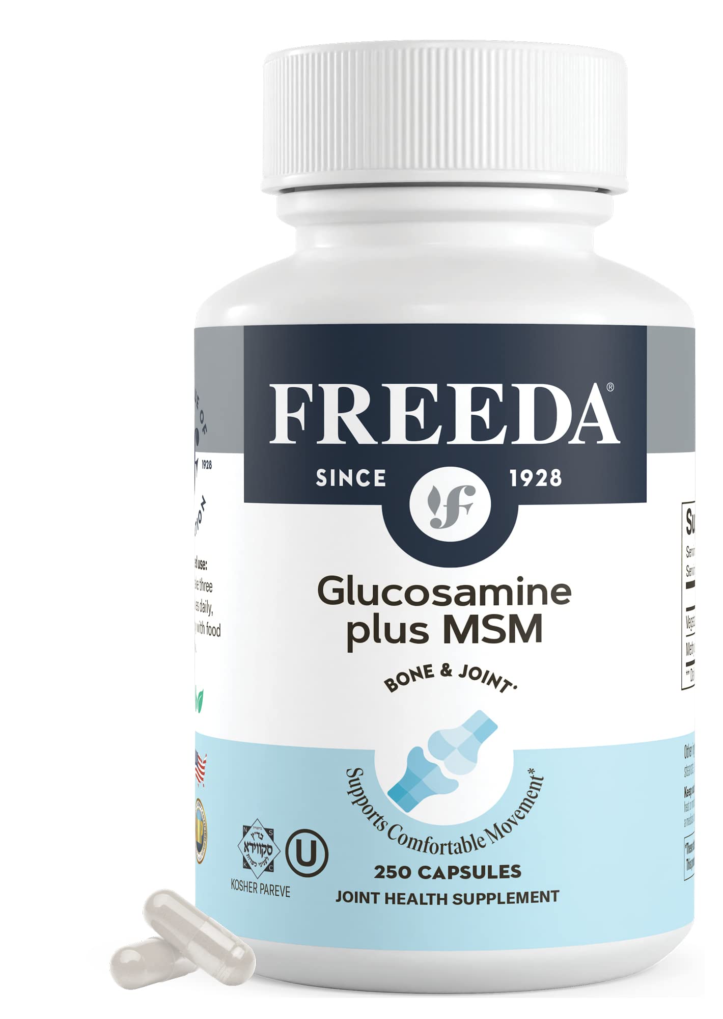 FREEDA Glucosamine MSM bottle label highlights vegan, shellfish-free joint support.