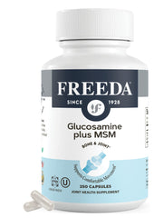 FREEDA Glucosamine MSM bottle label highlights vegan, shellfish-free joint support.