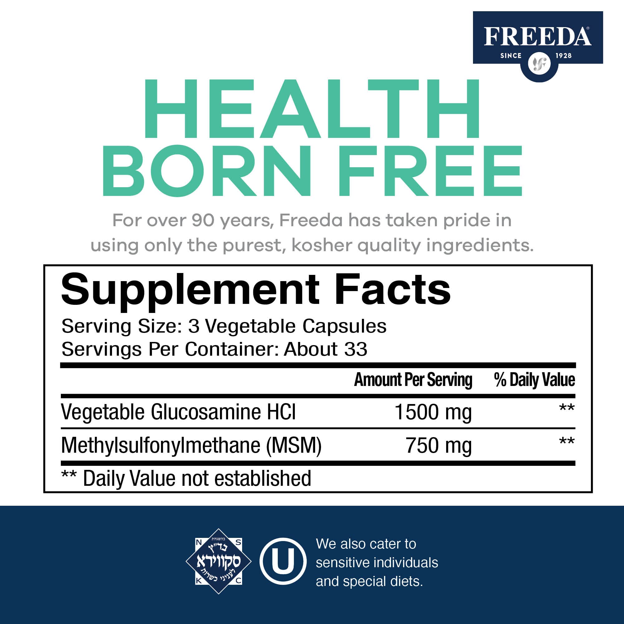 Third-party tested FREEDA Glucosamine MSM bottle reflects purity and potency.