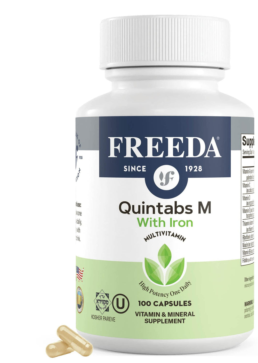 Freeda Quintabs-M with Iron daily dose image suggests simple routine
