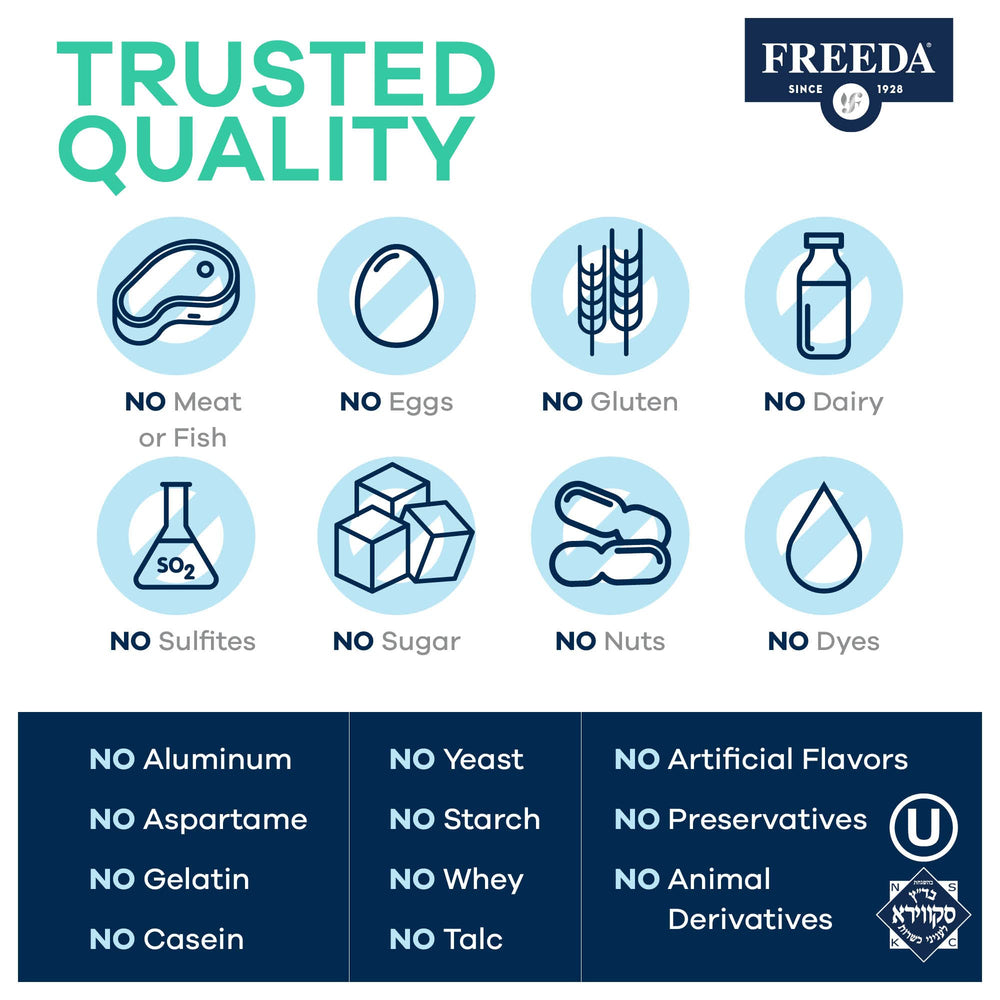 Freeda Quintabs-M with Iron kosher certified symbol signals trusted adult nutrition