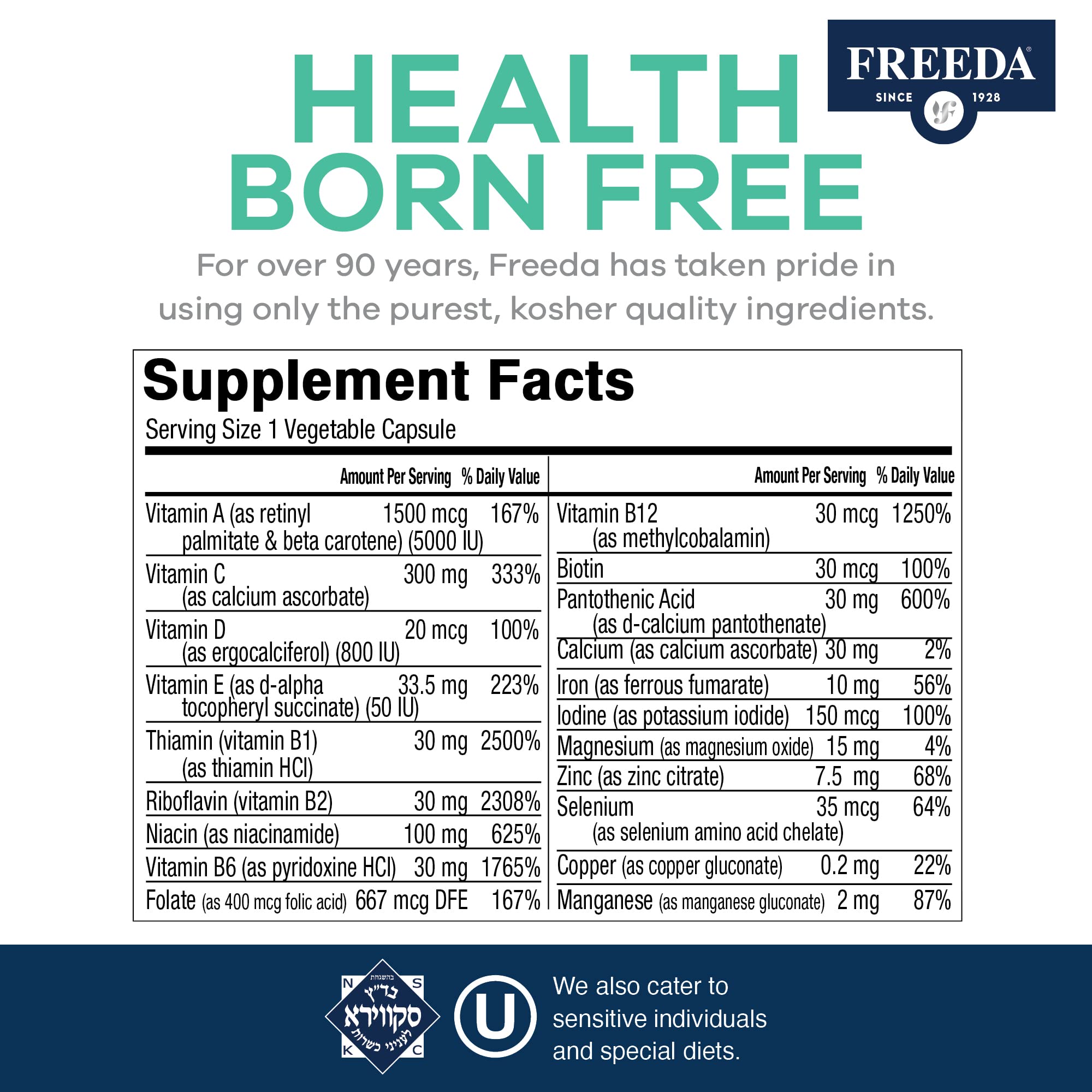Freeda Quintabs-M with Iron label packaging highlights broad nutrient coverage