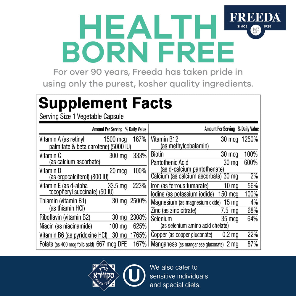 Freeda Quintabs-M with Iron label packaging highlights broad nutrient coverage