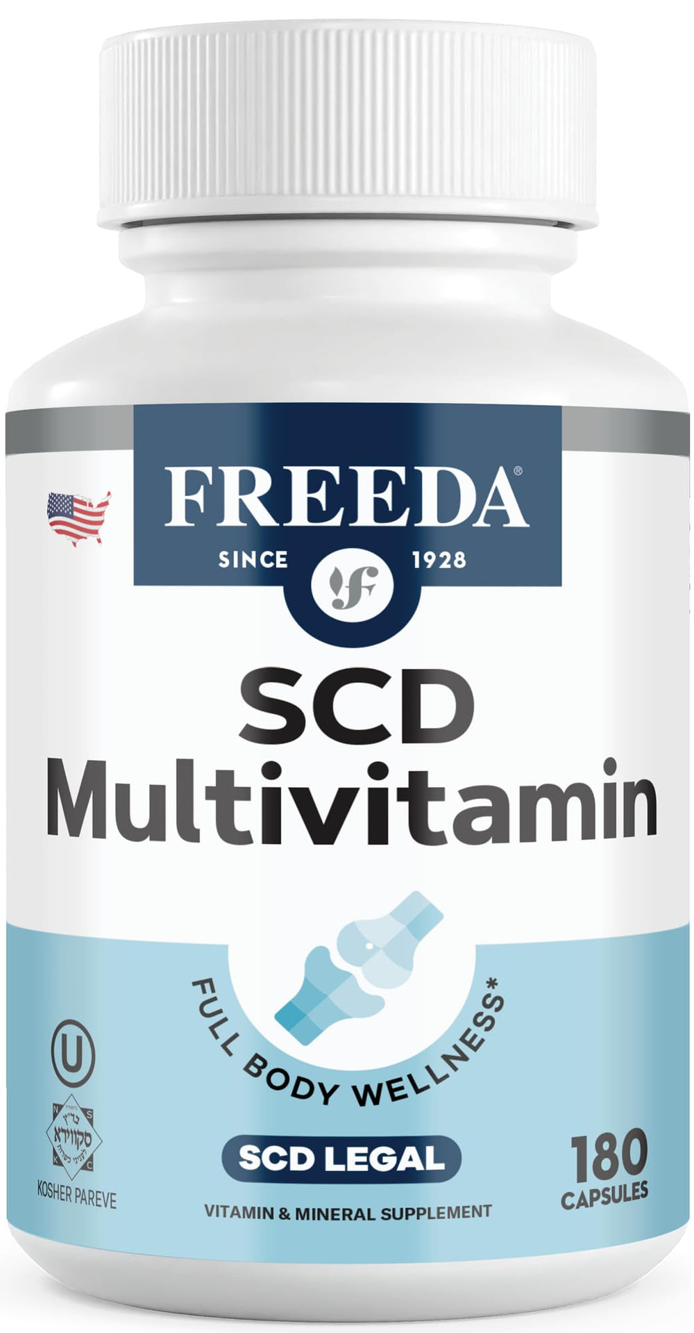 FREEDA SCD Multivitamin bottle front showing all-in-one daily nutrients for adults.