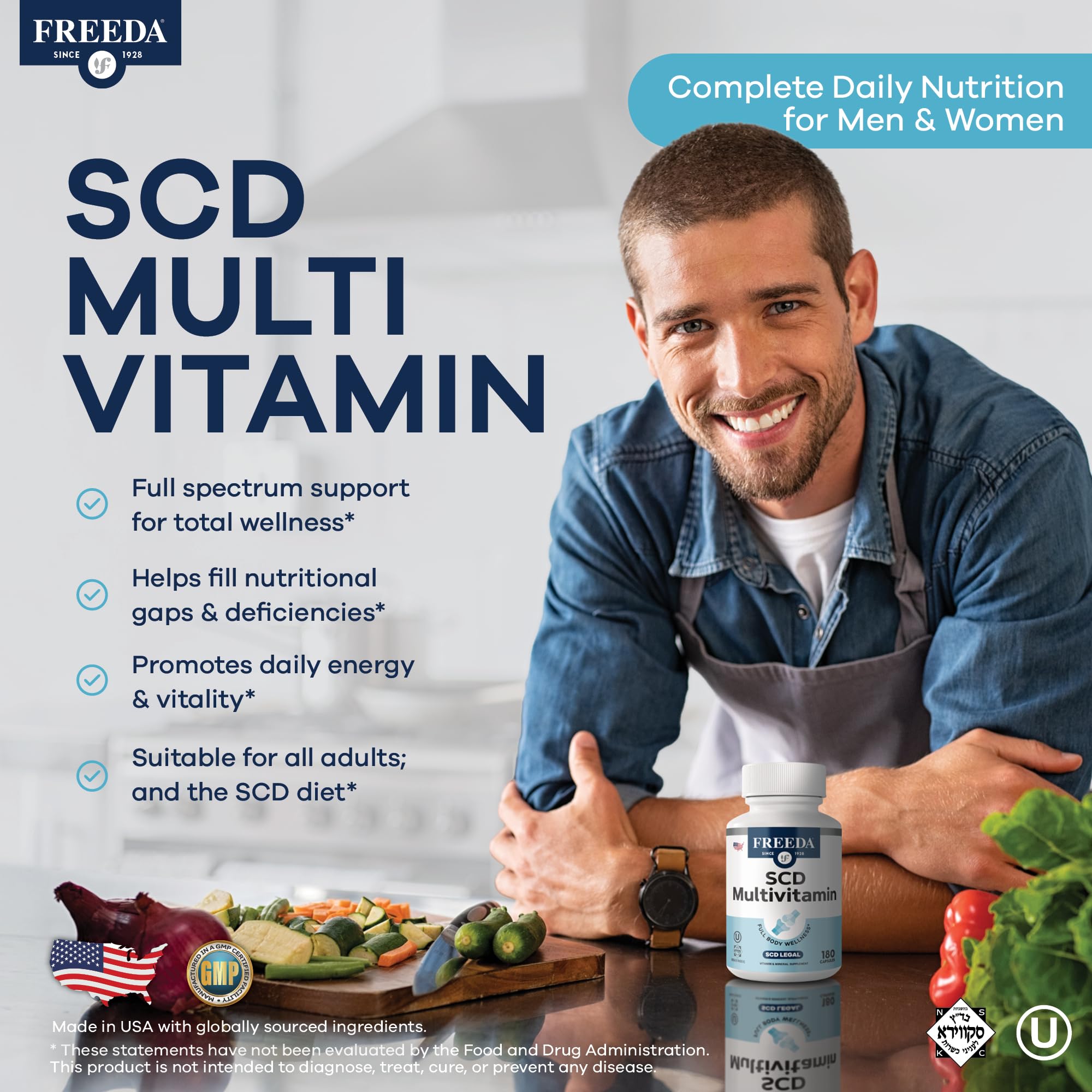 FREEDA SCD Multivitamin capsules close-up highlighting easy-to-swallow capsules.