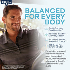 FREEDA SCD Multivitamin ingredients chart illustrating vitamins and minerals included.