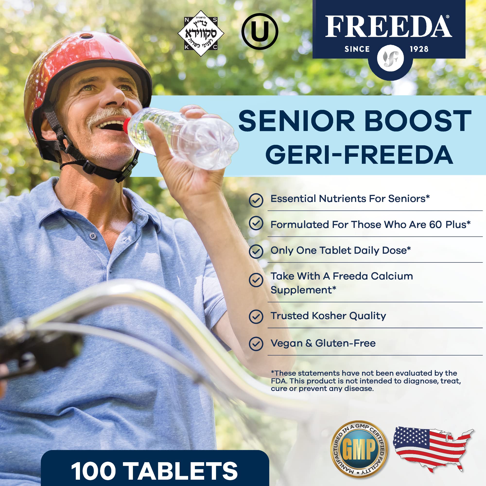 Freeda Senior Multivitamin coated tablet close-up demonstrates easier swallowing.