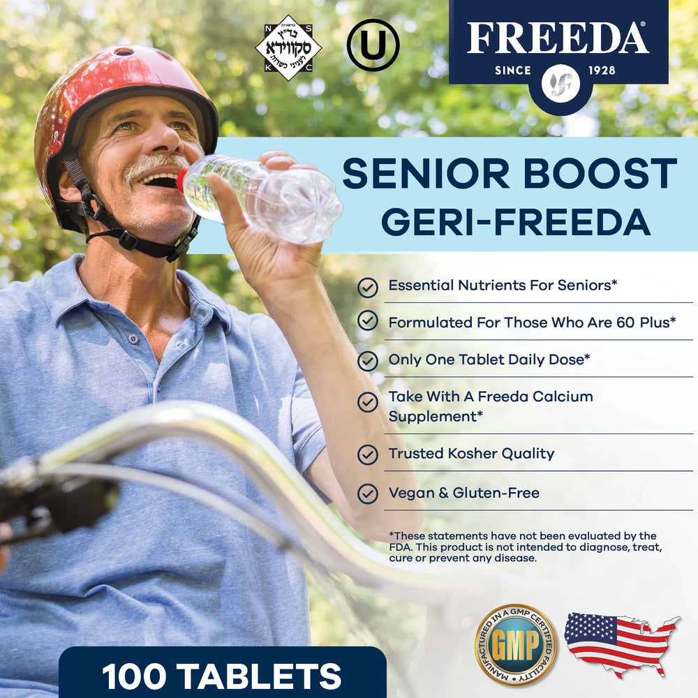 Freeda Senior Multivitamin coated tablet close-up demonstrates easier swallowing.