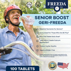 Freeda Senior Multivitamin coated tablet close-up demonstrates easier swallowing.