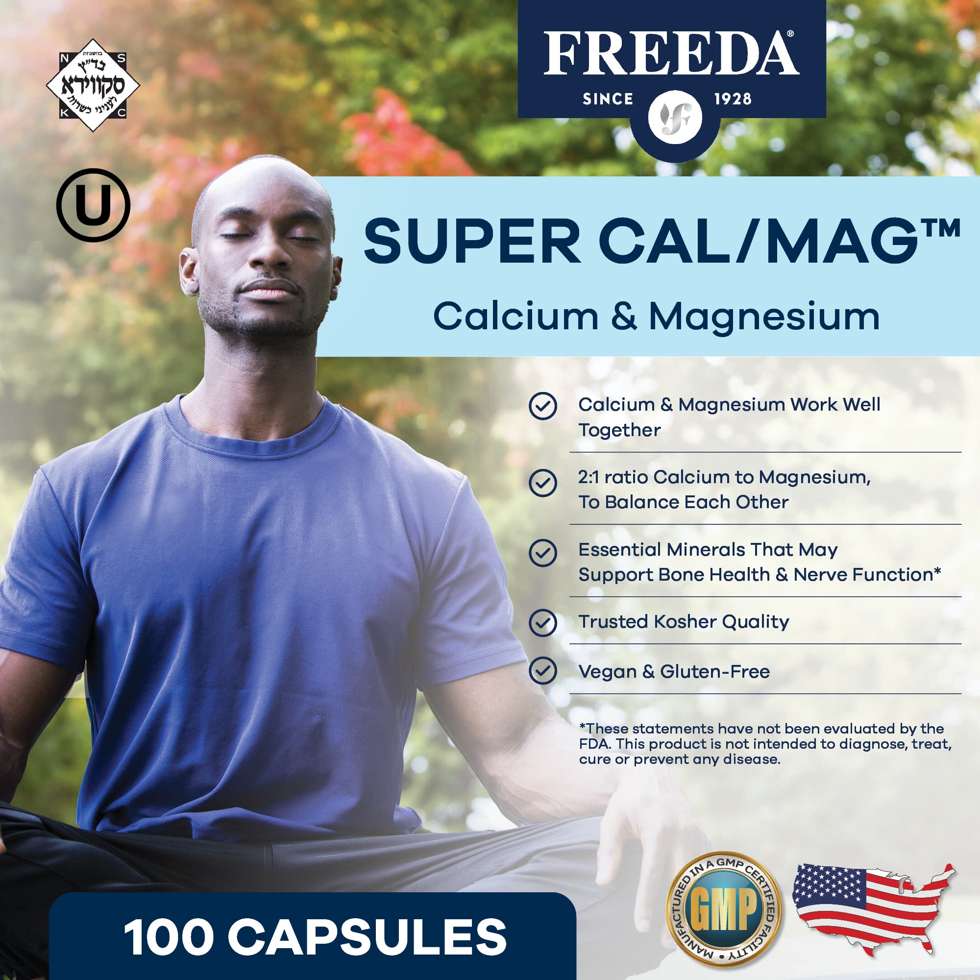 Freeda capsules close-up showing vegan kosher formula for bone health.