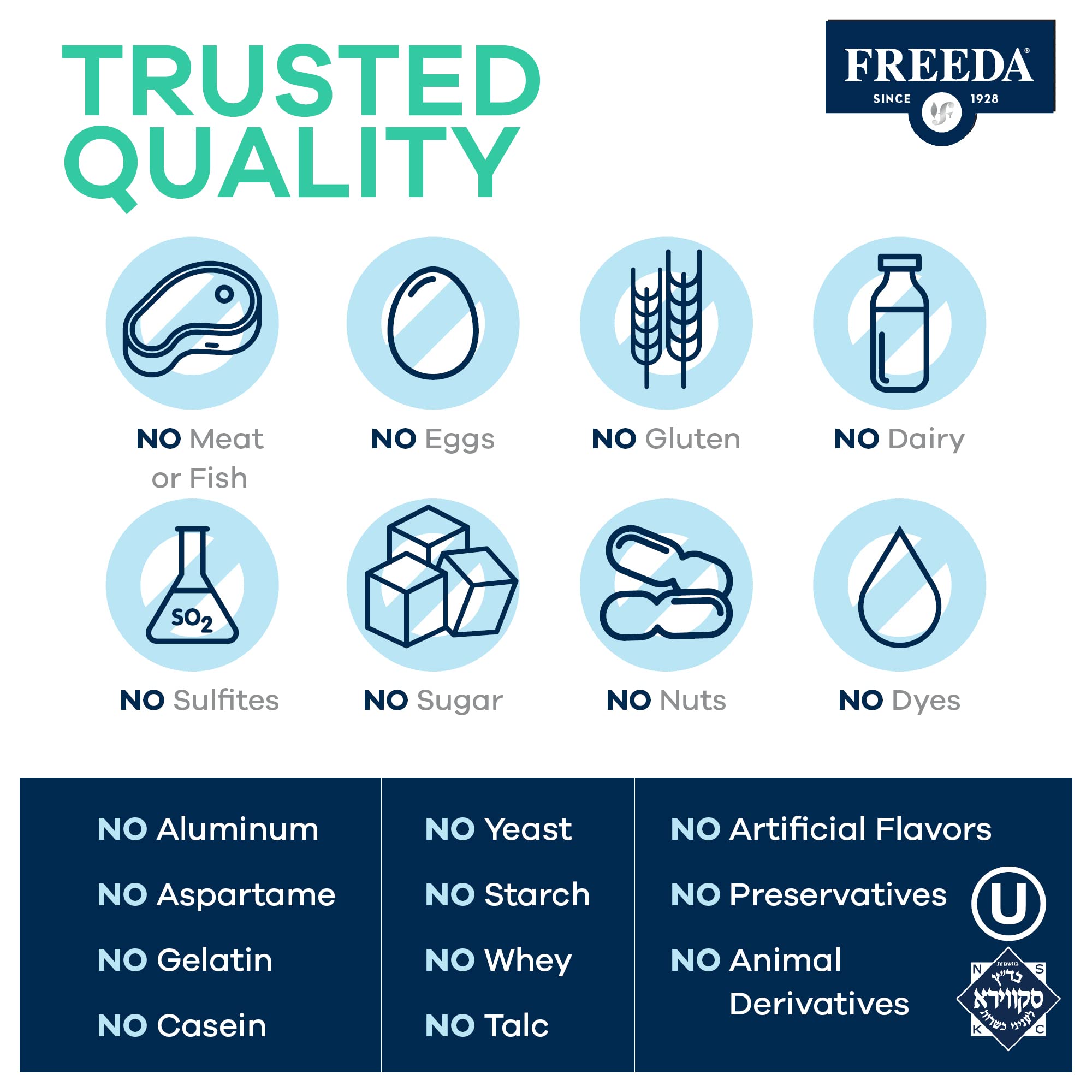 Freeda packaging box with kosher certification seal and nutrition facts.