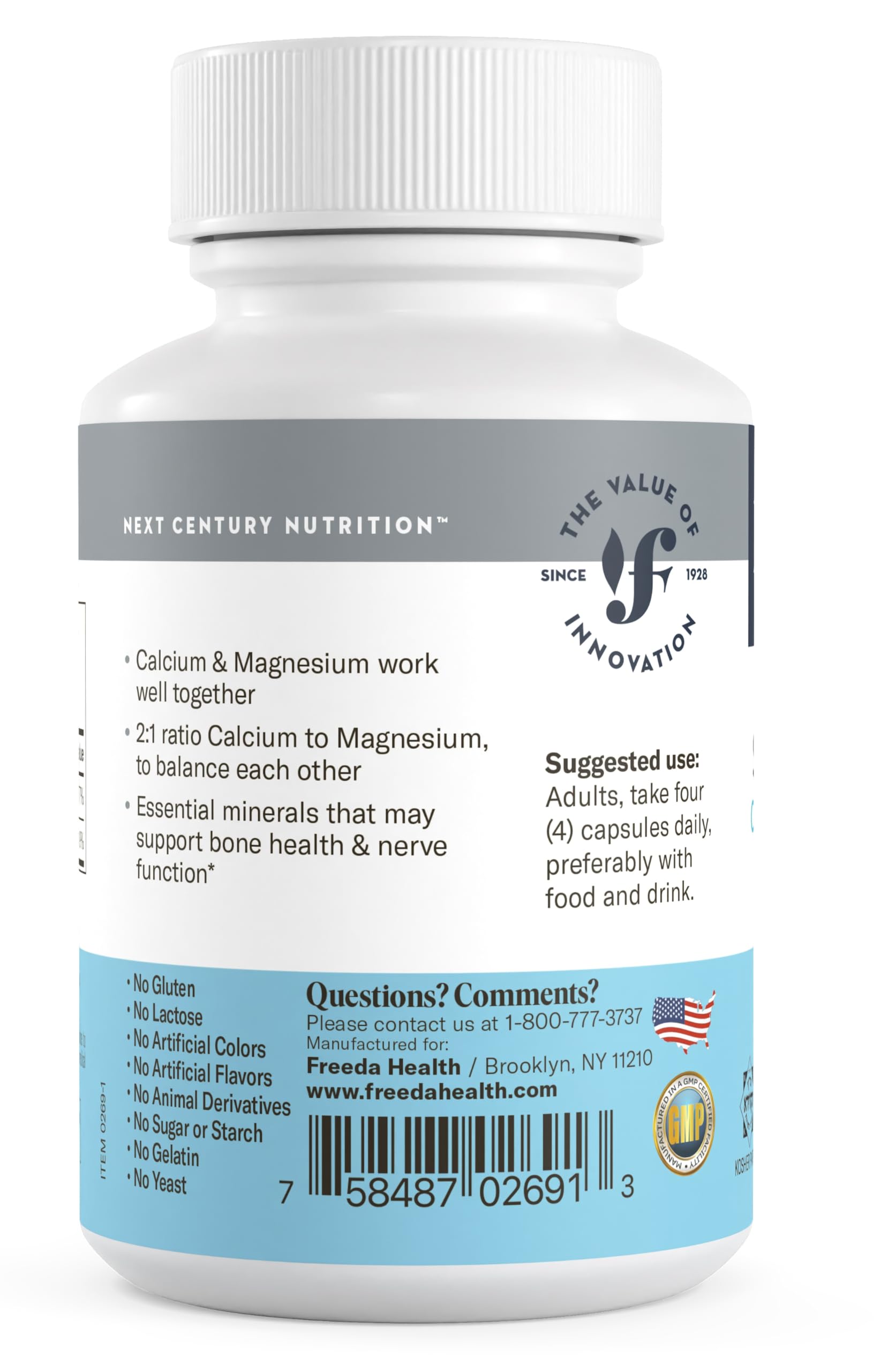 Freeda serving-size scoop beside ingredients shows calcium and magnesium ratio.