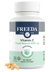 FREEDA Timed Release Vitamin C 1000mg bottle highlighting all-day release for steady daily support