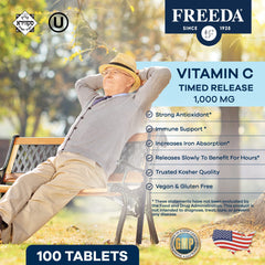 FREEDA Timed Release Vitamin C 1000mg tablets close-up showing tablet texture and dosage