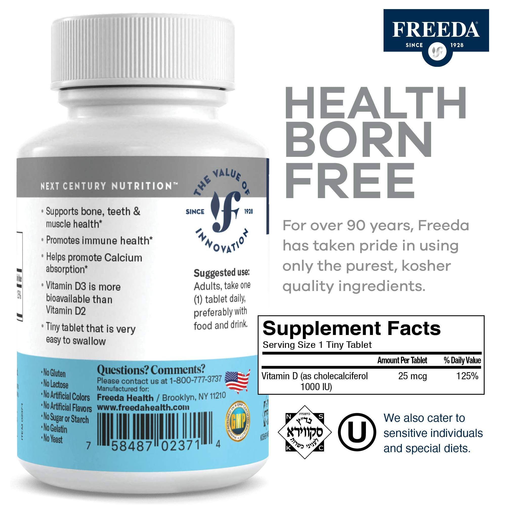 Clear label on FREEDA Vitamin D3-1000 IU highlighting kosher quality.