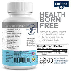 Clear label on FREEDA Vitamin D3-1000 IU highlighting kosher quality.