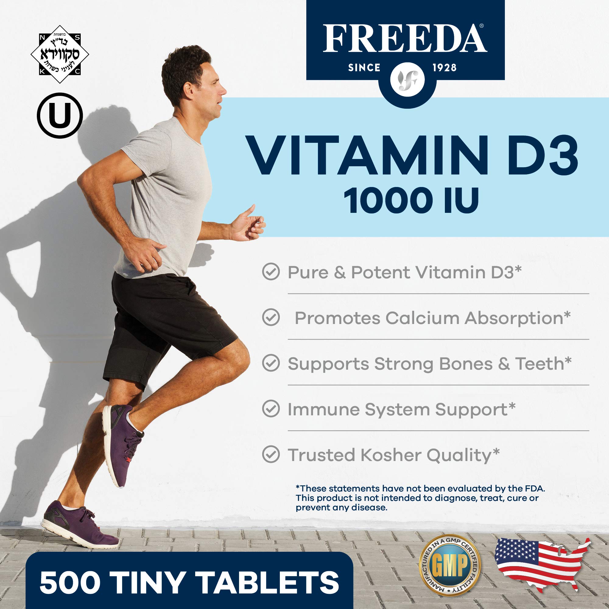Closeup of FREEDA D3-1000 IU tablets for easy swallowing.