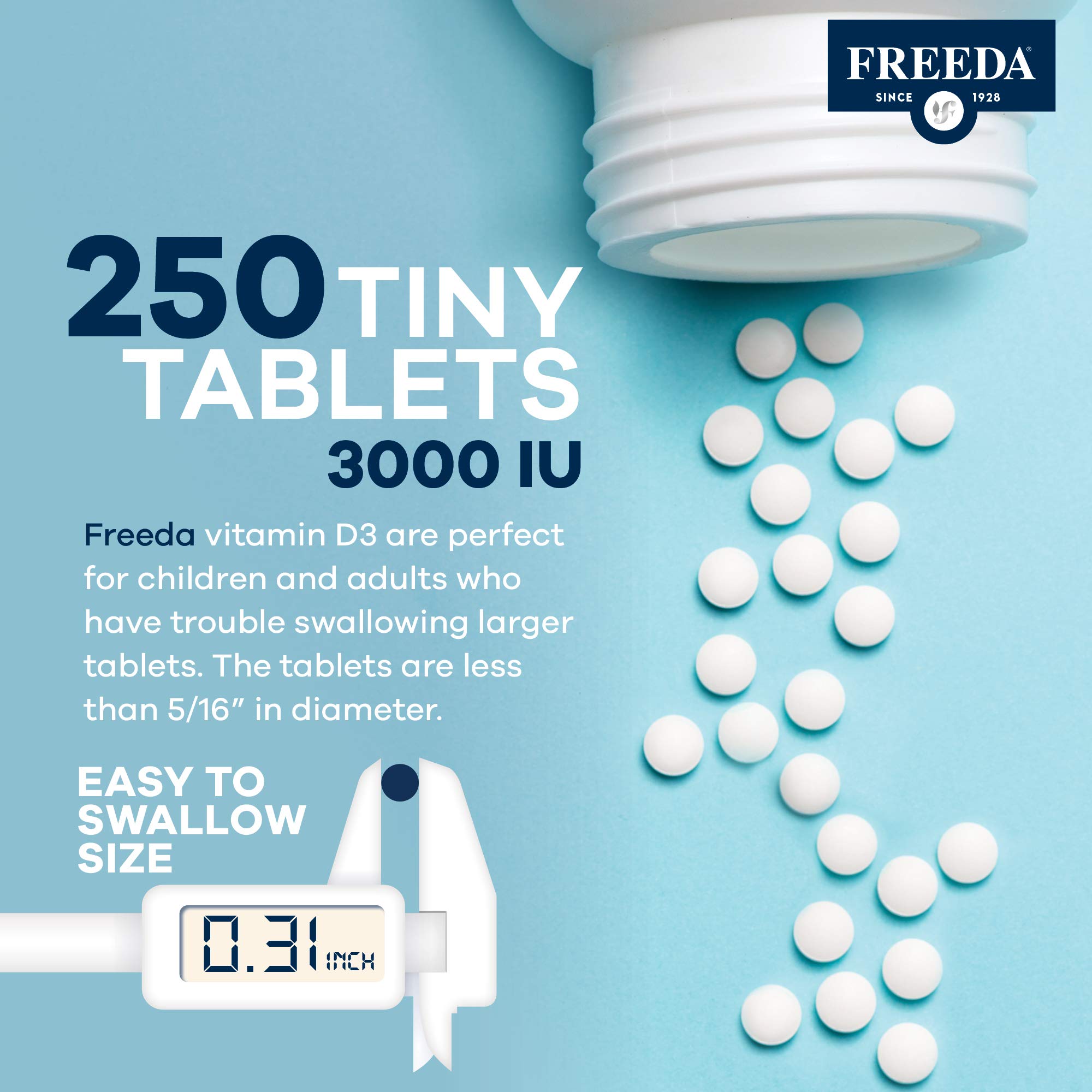 Freeda Vitamin D3 3000 IU bottle label emphasizing purity and USA production.