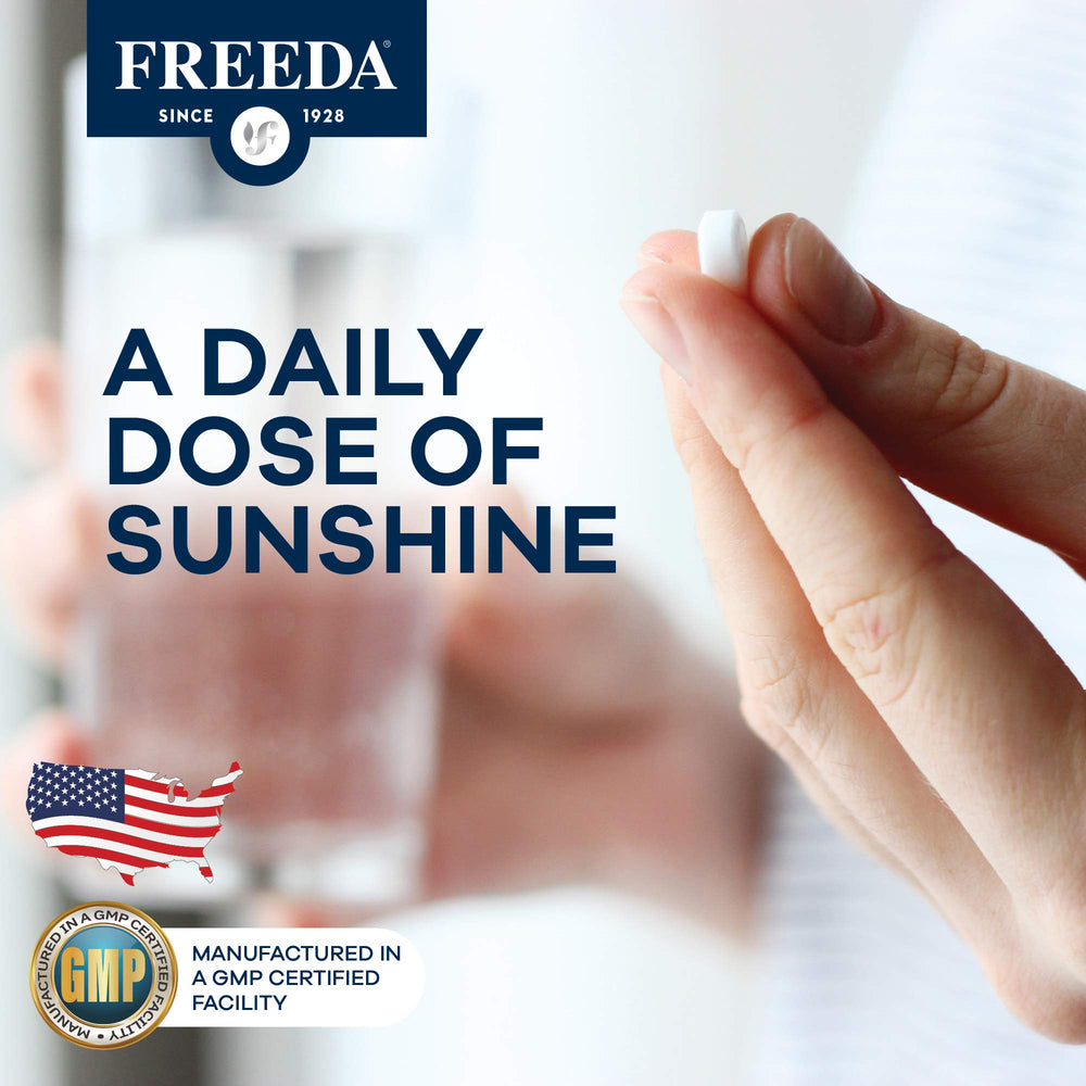 Freeda Vitamin D3 3000 IU daily routine setup with compact tablets.