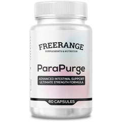 Freerange ParaPurge bottle on countertop highlighting high-purity gut support formula.