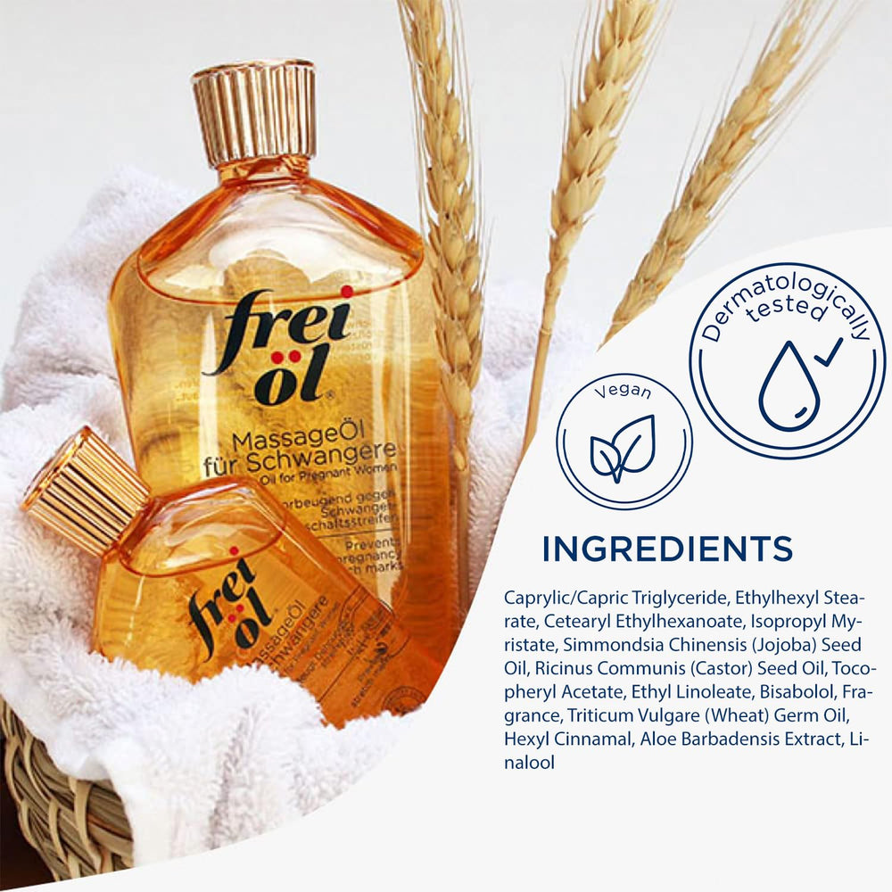 Frei öl Massage Oil on belly during massage to promote skin suppleness.
