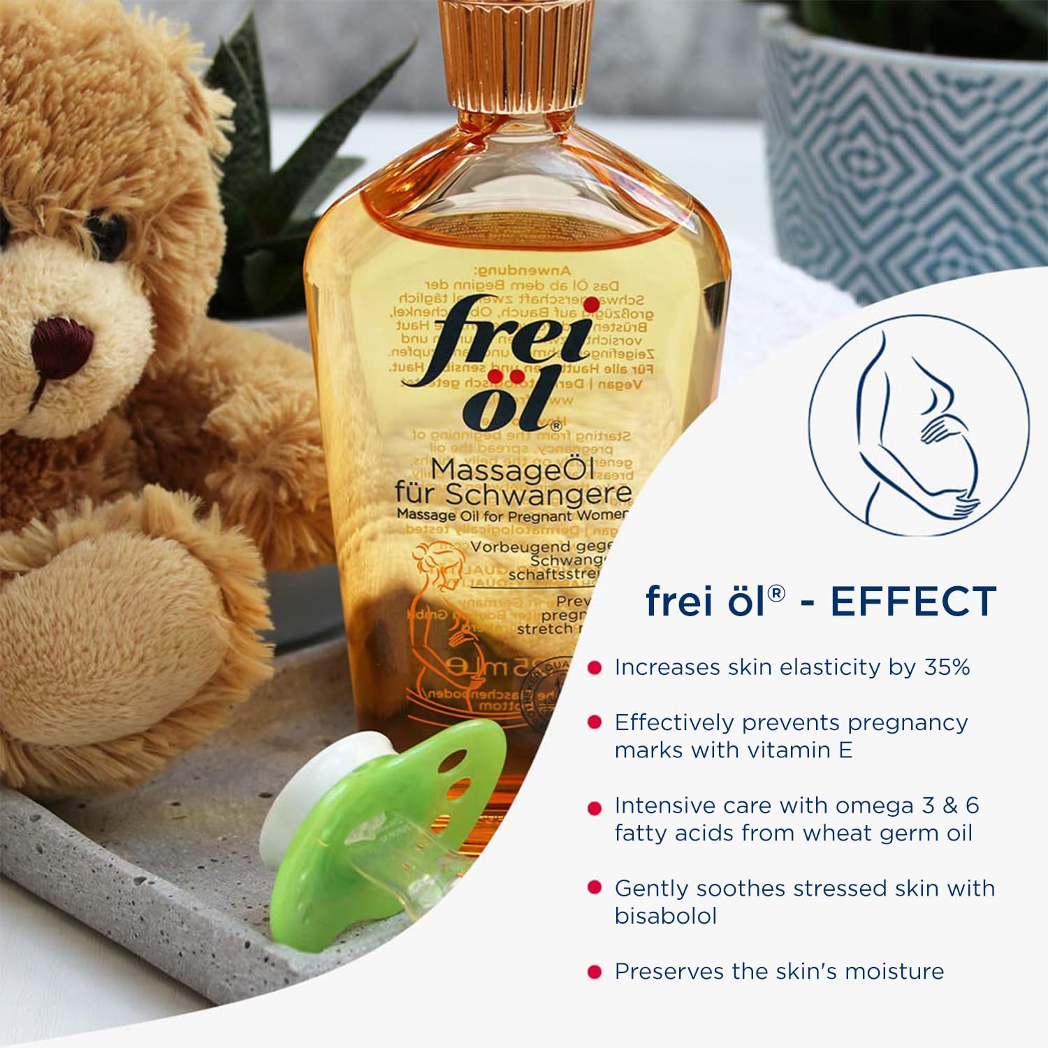 Frei öl Massage Oil bottle front view for safe pharmacy-quality pregnancy skincare.