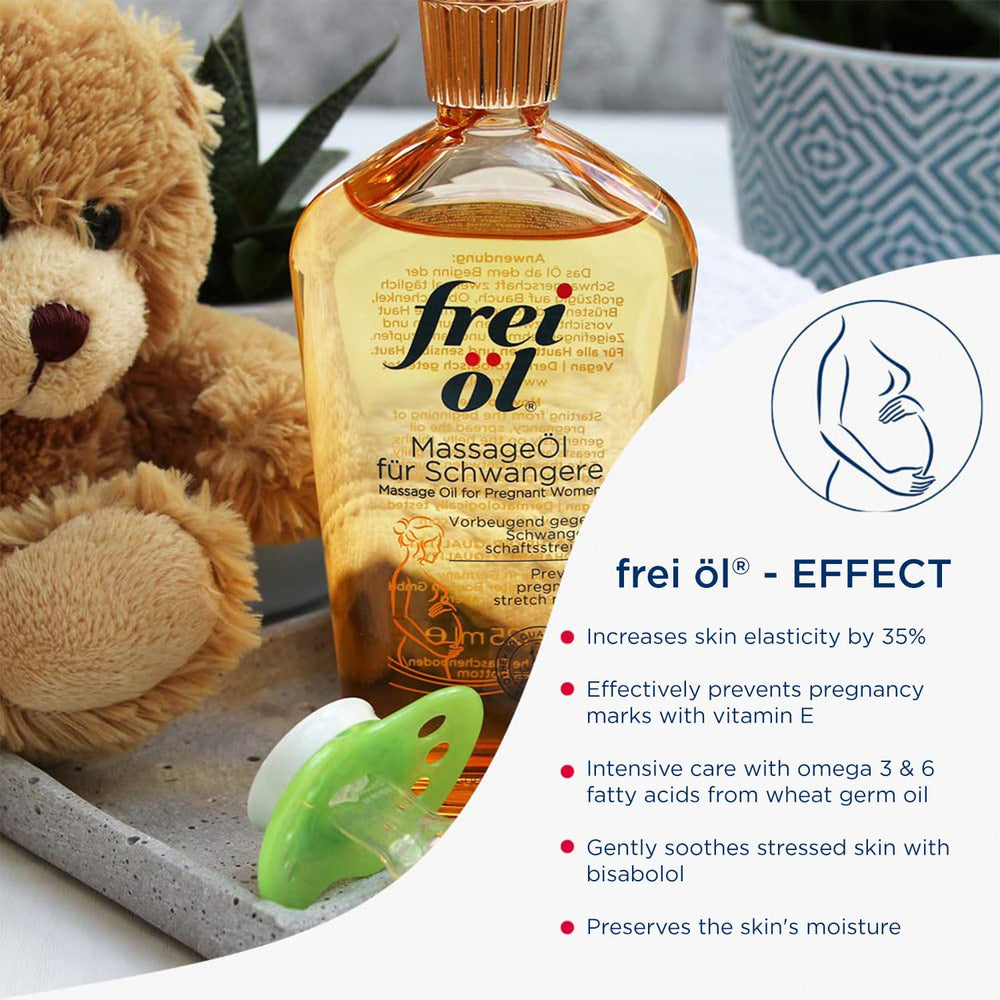 Frei öl Massage Oil bottle front view for safe pharmacy-quality pregnancy skincare.