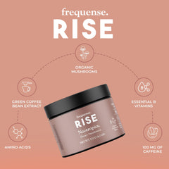 FREQUENSE Rise mango lemonade ingredients label emphasizes seven mushrooms and B vitamins.