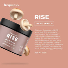 FREQUENSE Rise mango lemonade scoop photo shows versatile mix for brain energy.