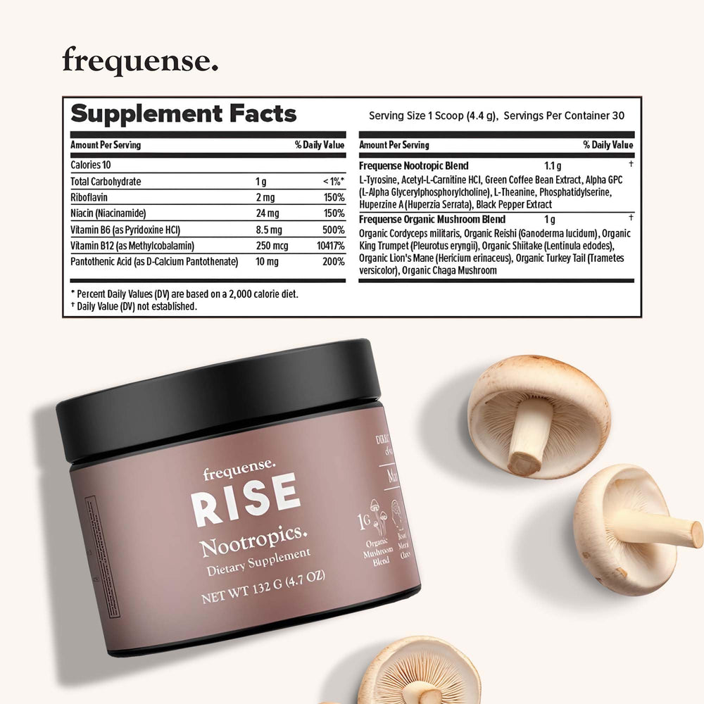 FREQUENSE Rise mango lemonade side view highlights convenient tub for daily supplementation.